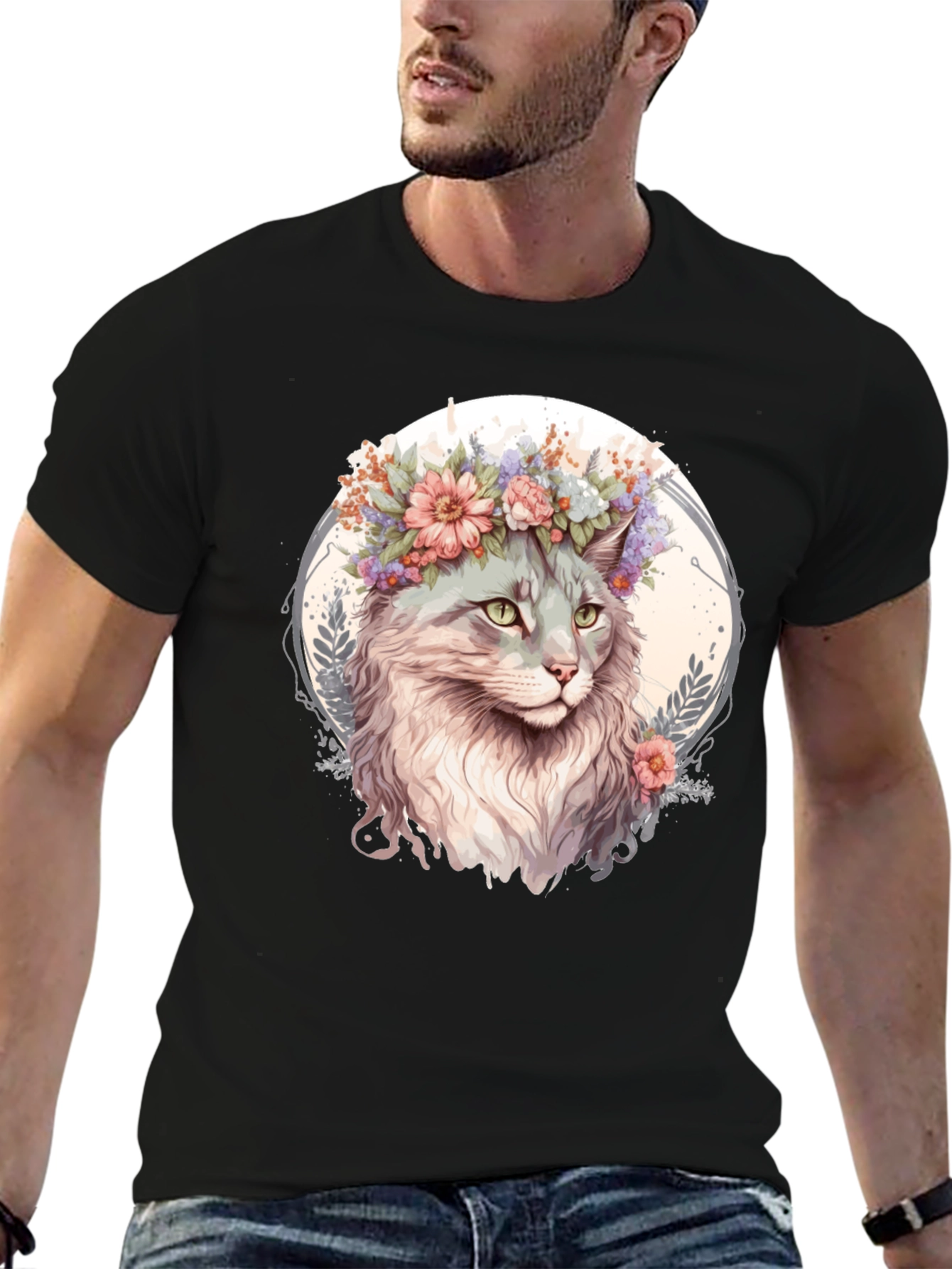 Cat with Flowers Graphic Tee