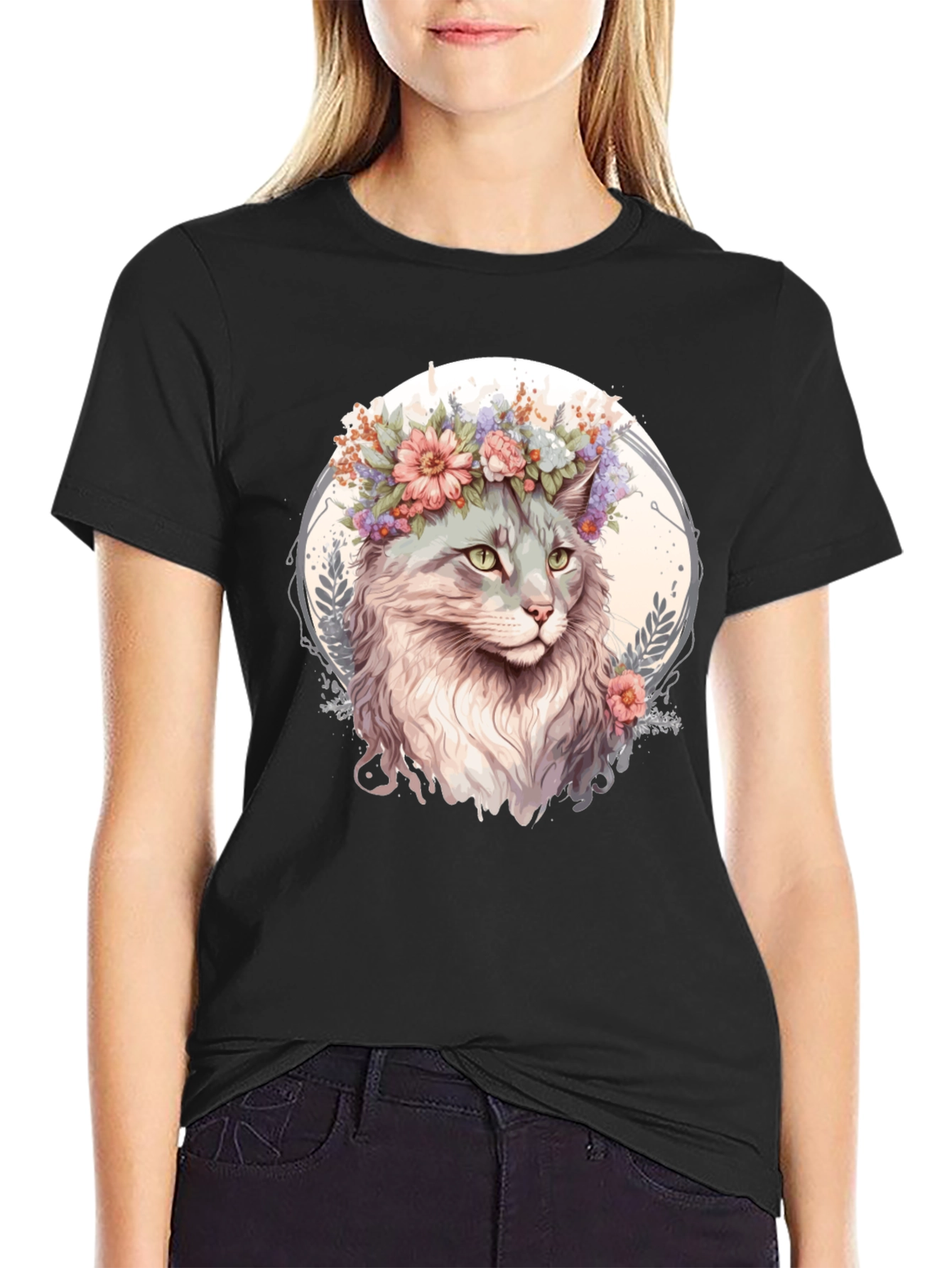 Cat with Flowers Graphic Tee