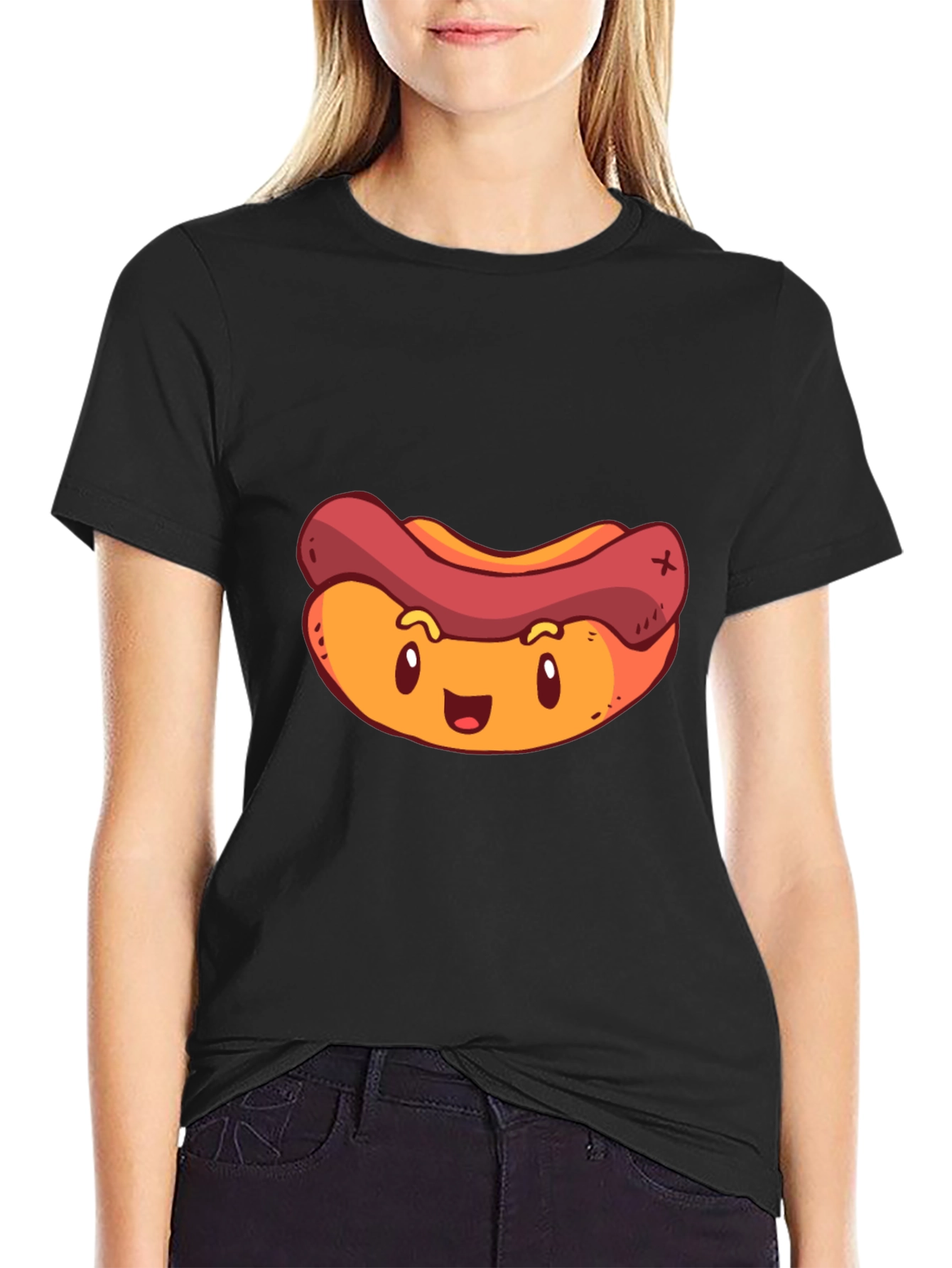 Cartoon Hotdog Graphic T-Shirt - Black