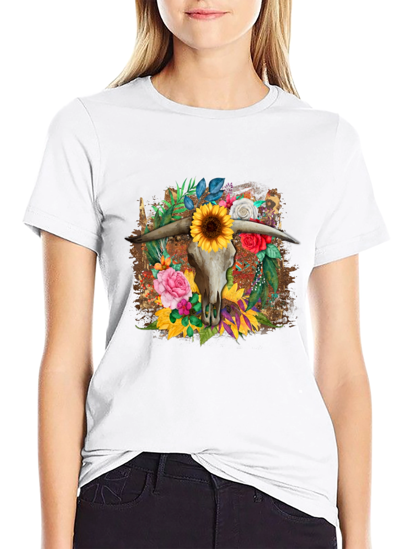 Floral Steer Skull Graphic Tee