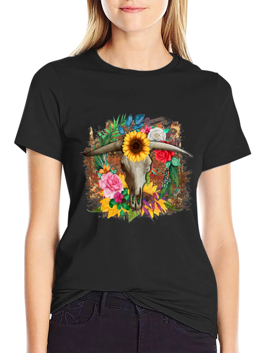 Floral Steer Skull Graphic Tee