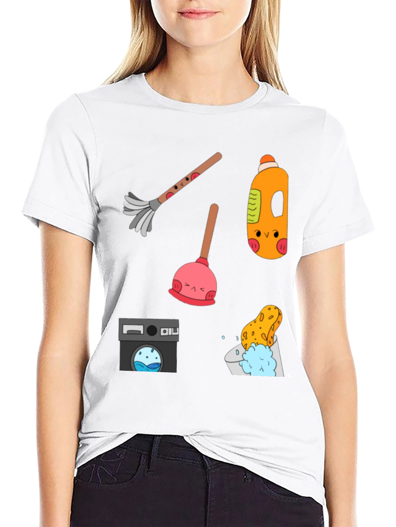 Funny Cleaning Tools Pattern Black T-Shirt