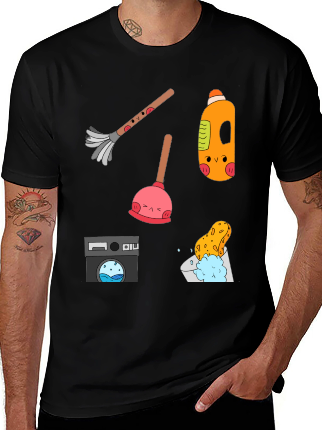 Funny Cleaning Tools Pattern Black T-Shirt