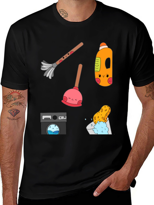 Funny Cleaning Tools Pattern Black T-Shirt