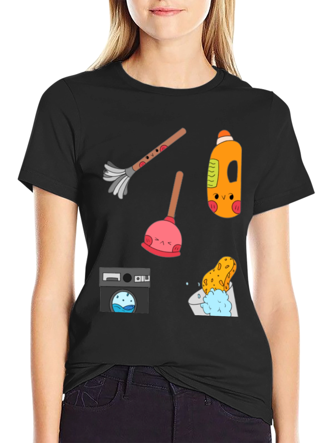 Funny Cleaning Tools Pattern Black T-Shirt