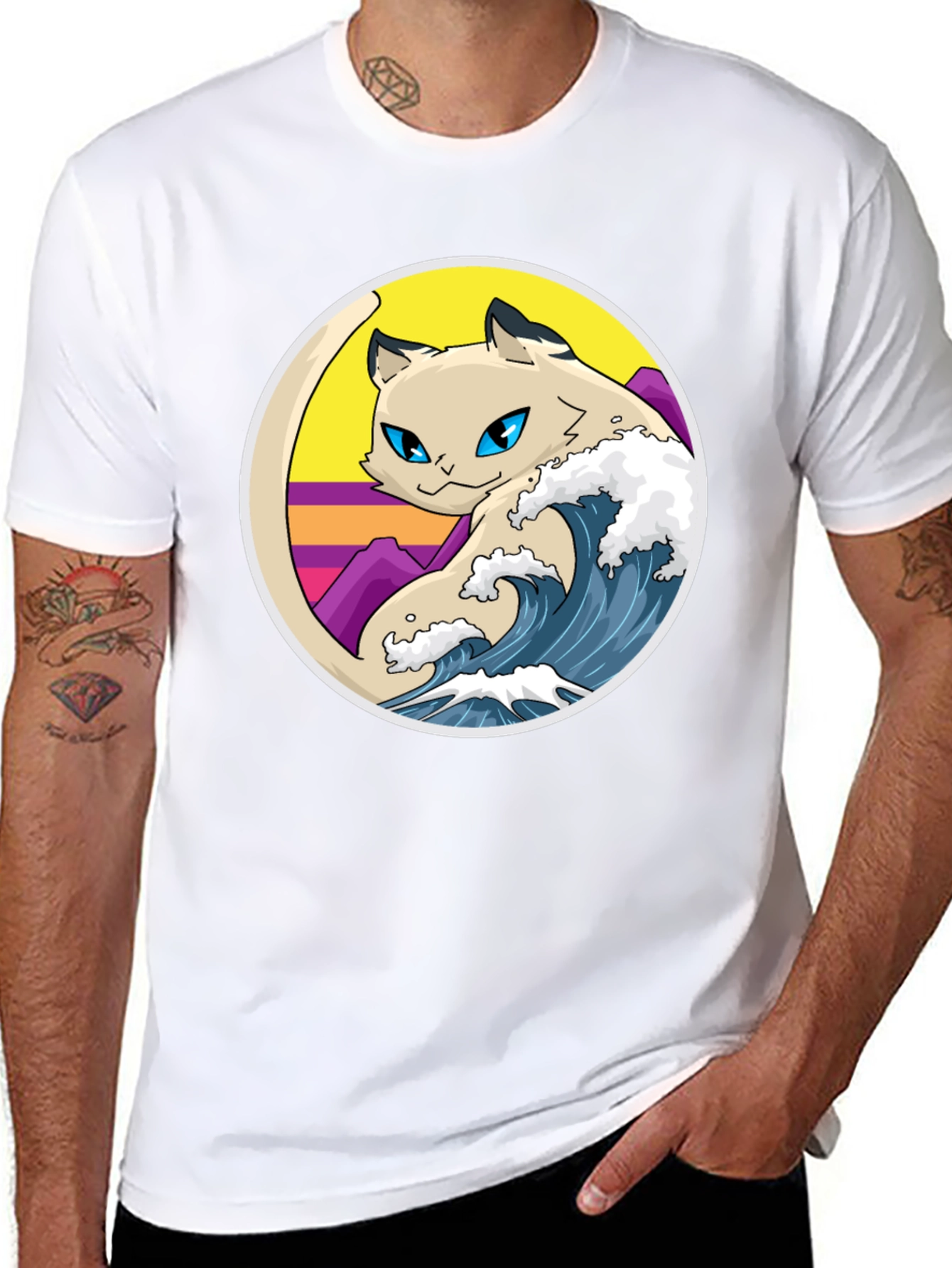 Retro Wave Cat Graphic T-Shirt