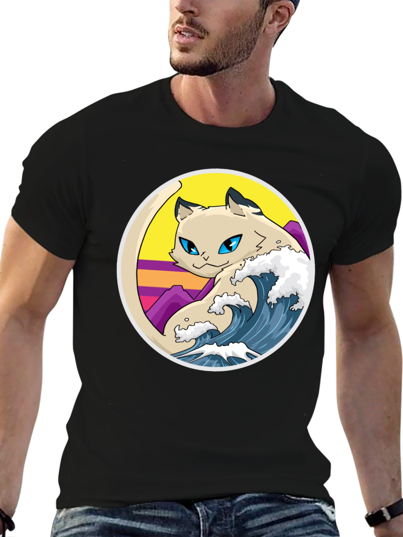 Retro Wave Cat Graphic T-Shirt