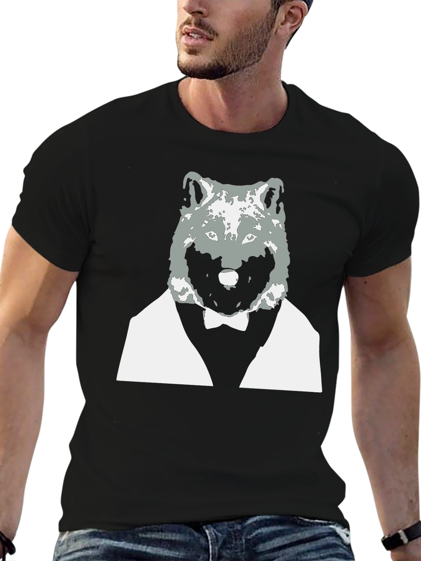 Wolf in Suit Graphic Tee - Cool Black T-Shirt