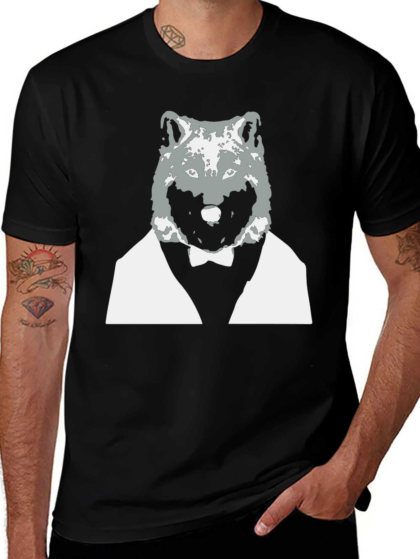 Wolf in Suit Graphic Tee - Cool Black T-Shirt