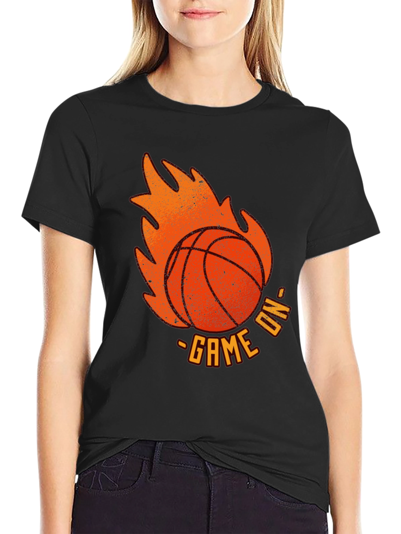 Game On Basketball Flame Graphic Tee - Black