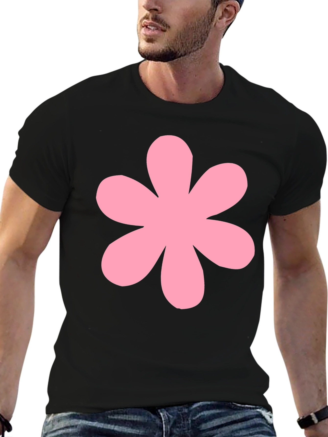 Pink Flower Black T-Shirt