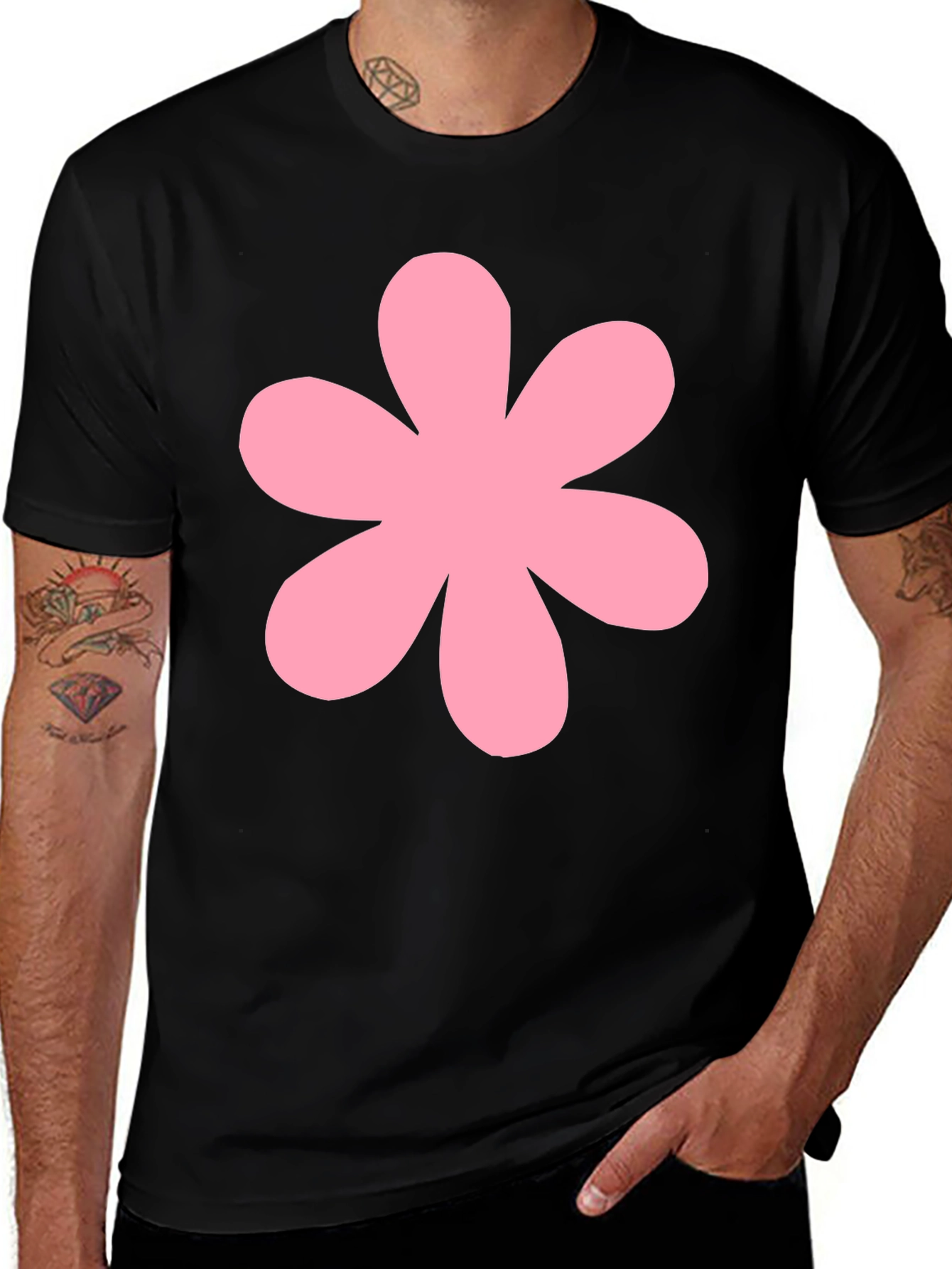 Pink Flower Black T-Shirt