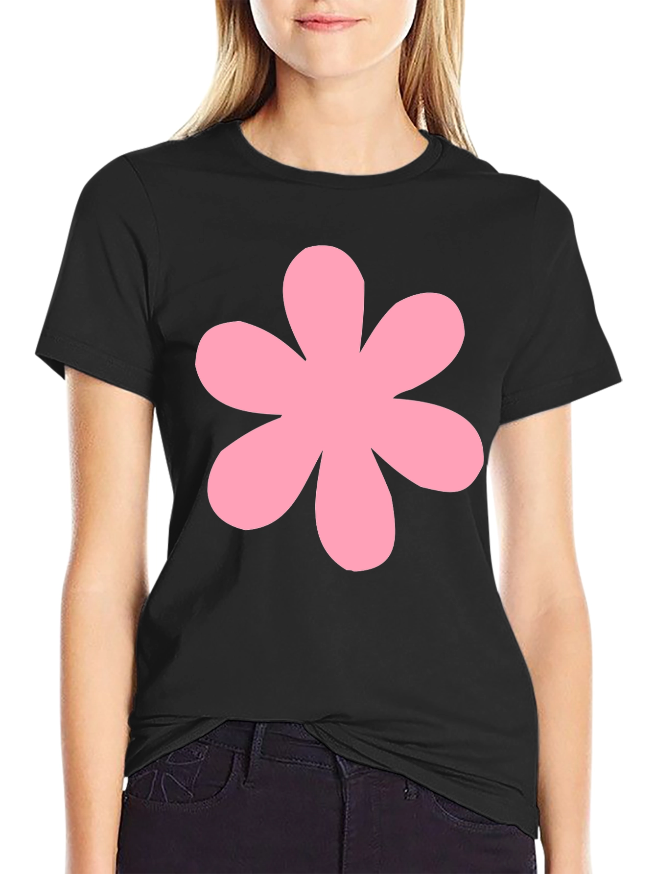 Pink Flower Black T-Shirt