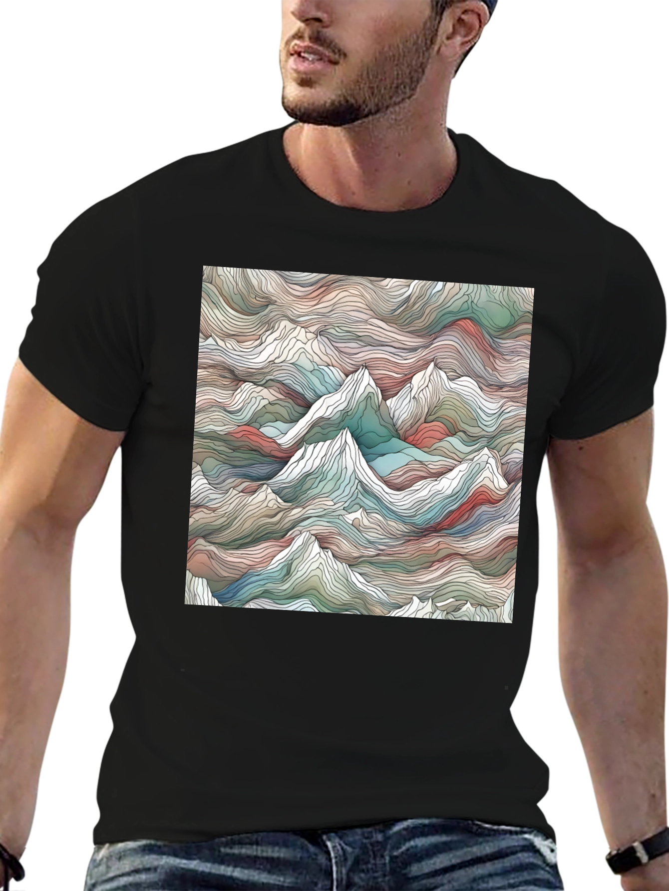 Abstract Mountainscape Graphic Tee - Stylish Black T-Shirt