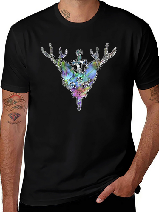 Cat with Antlers Graphic Tee - Stylish Mens Black T-Shirt