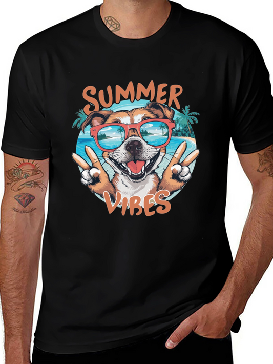 Summer Vibes Dog Graphic Tee - Casual Black T-Shirt