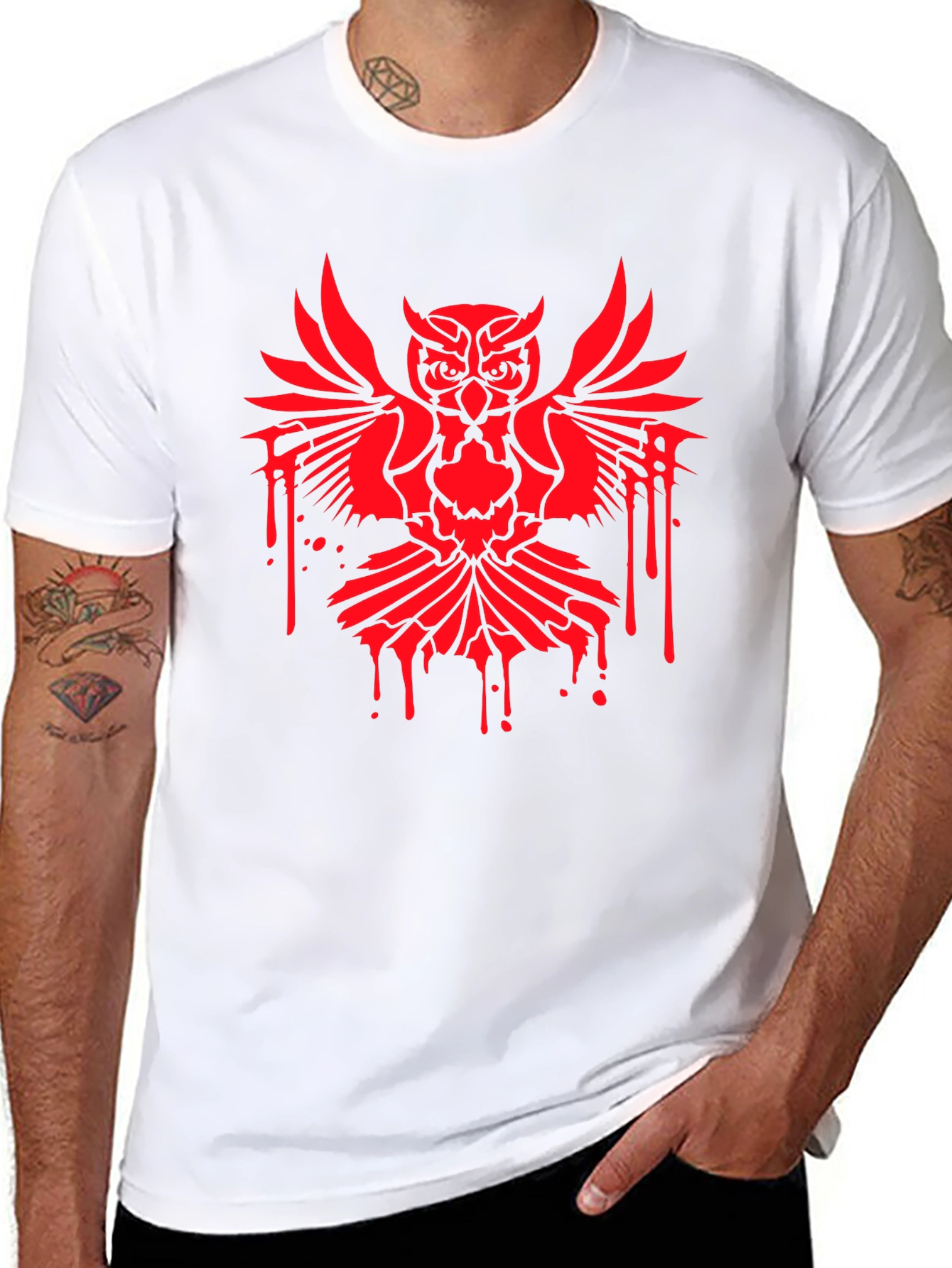 Mens Black T-Shirt with Red Owl Graphic