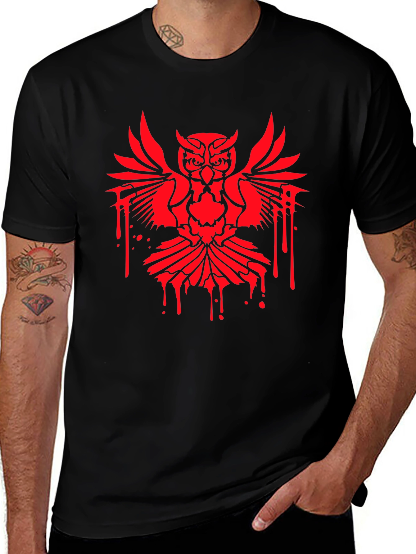 Mens Black T-Shirt with Red Owl Graphic