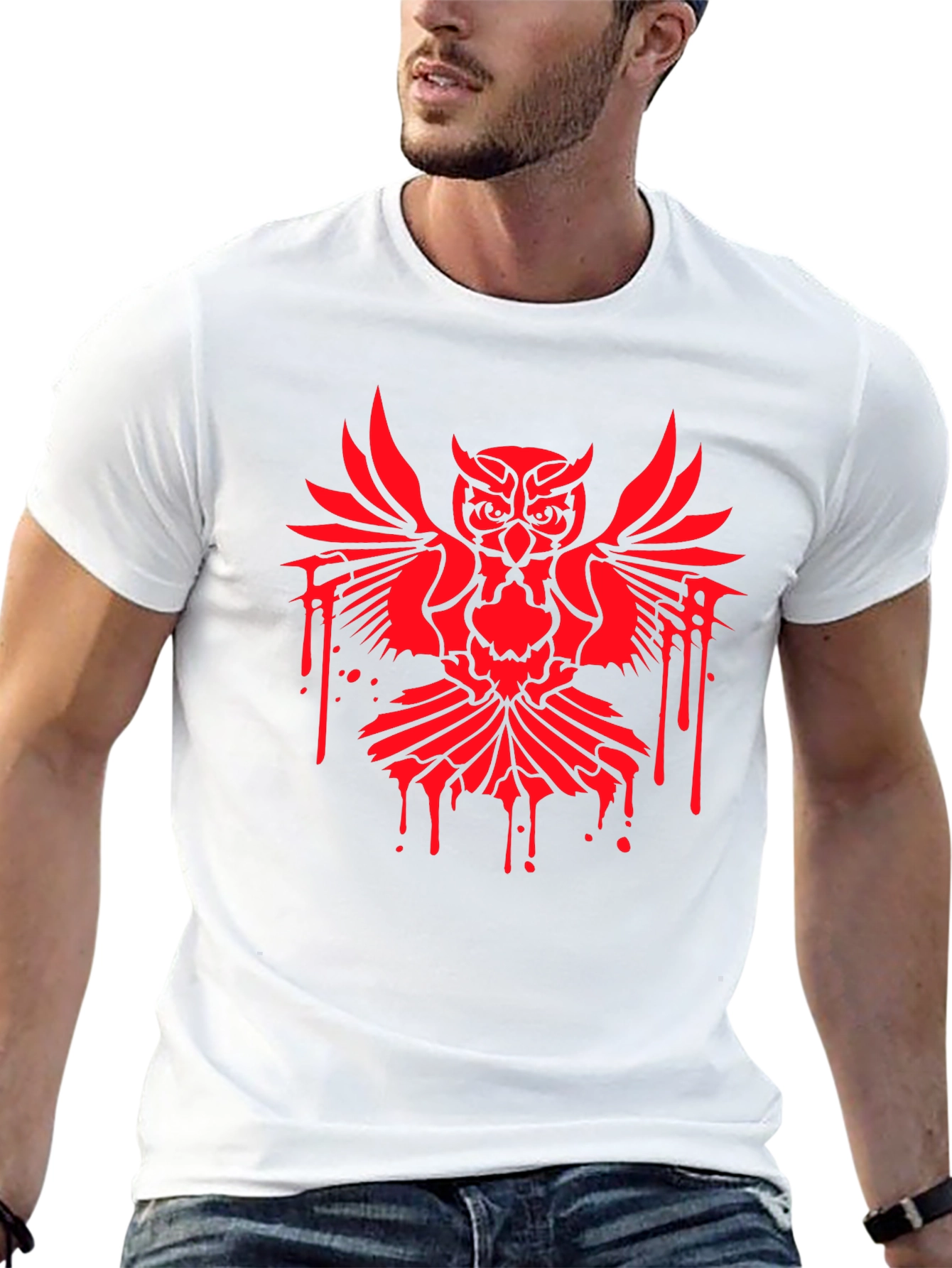 Mens Black T-Shirt with Red Owl Graphic