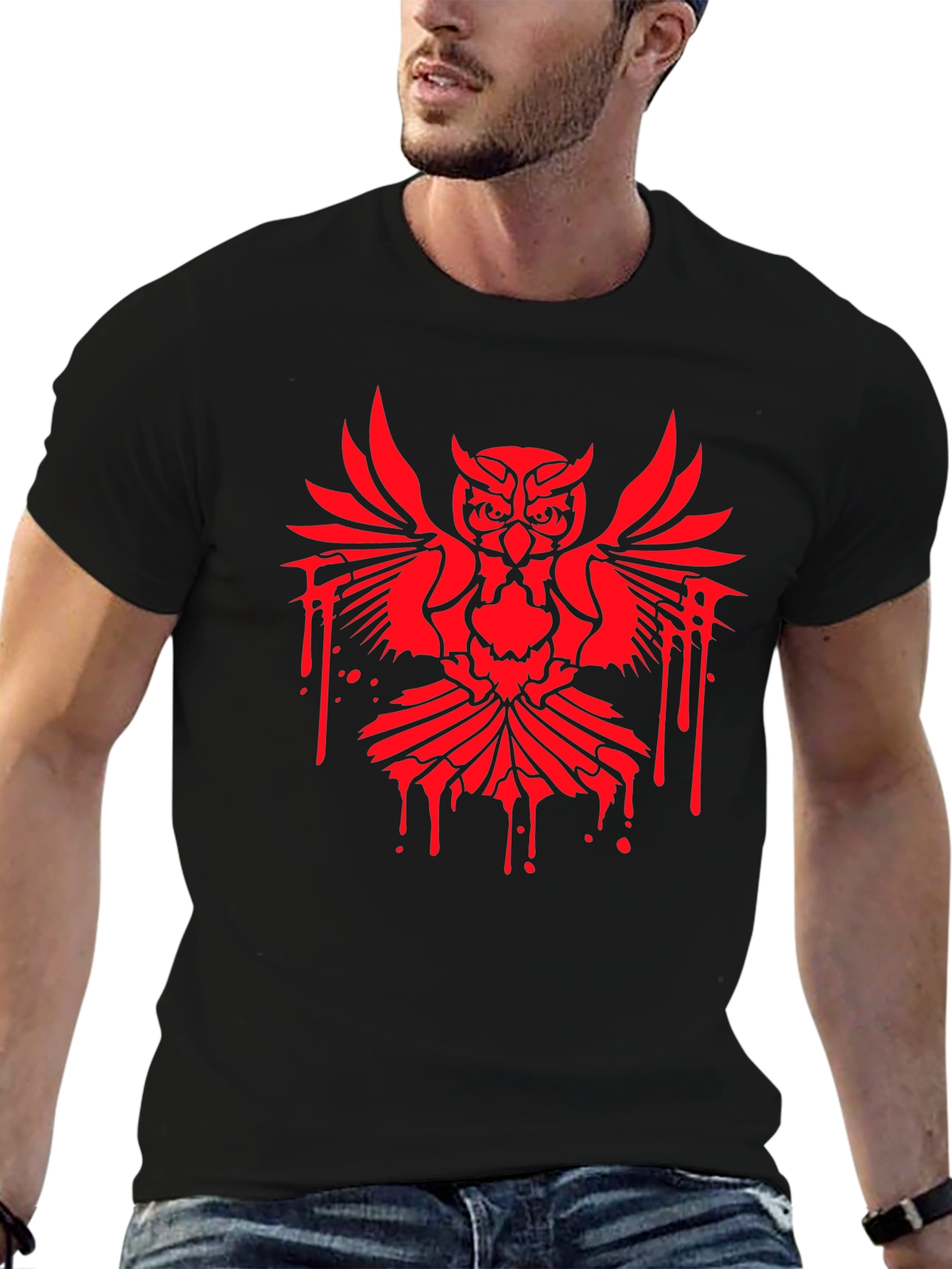 Mens Black T-Shirt with Red Owl Graphic