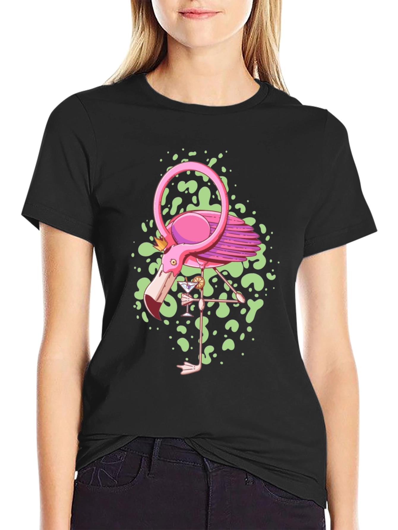 Whimsical Flamingo Graphic Tee - Black Cotton Blend