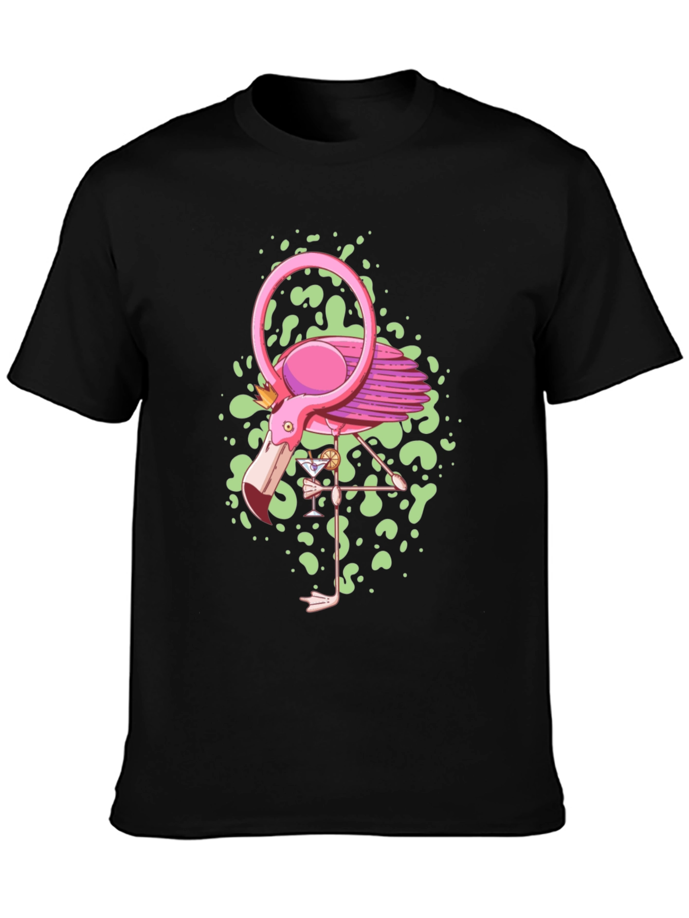 Whimsical Flamingo Graphic Tee - Black Cotton Blend