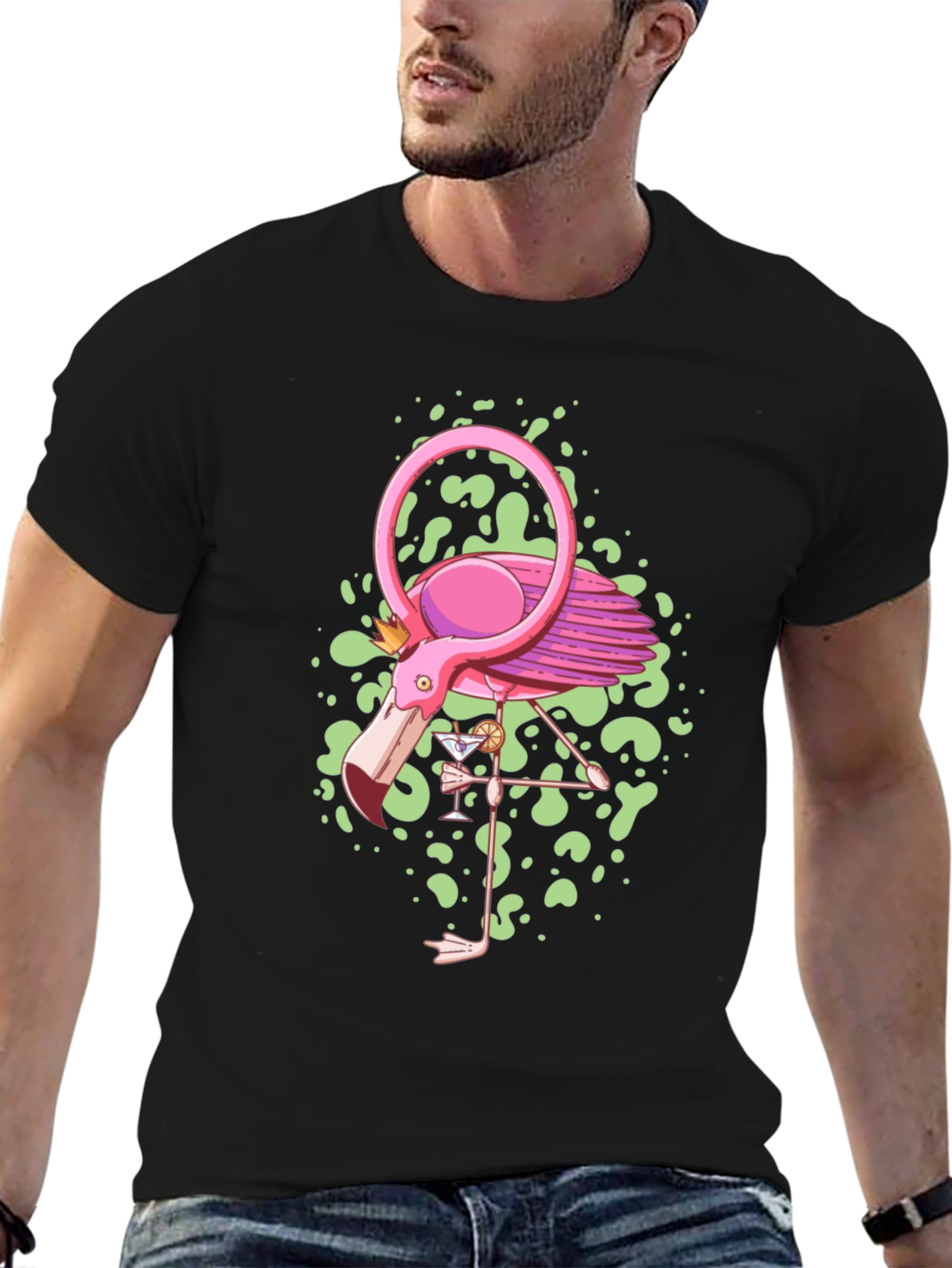 Whimsical Flamingo Graphic Tee - Black Cotton Blend