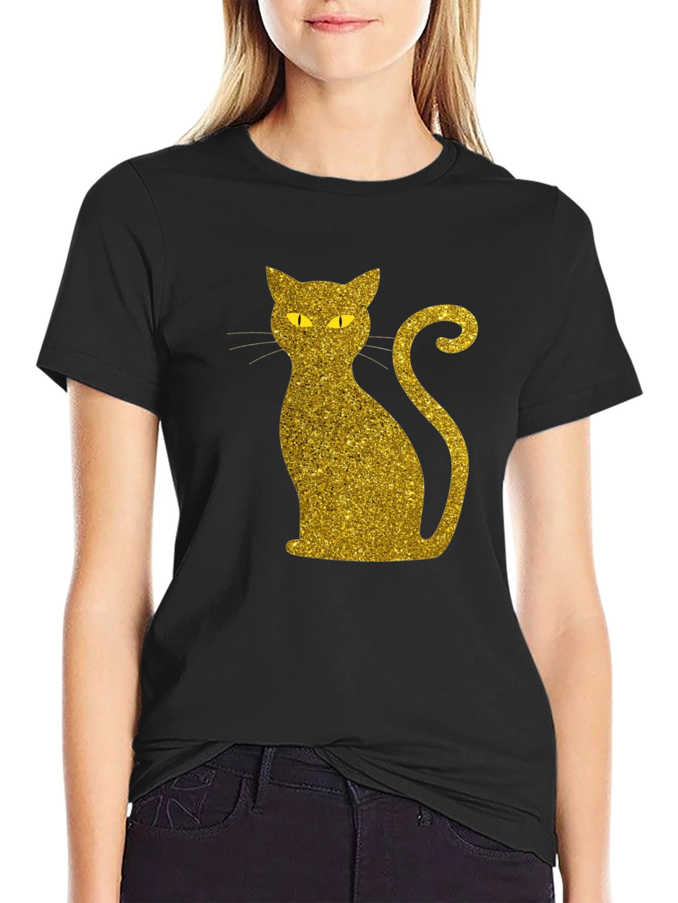Glitter Gold Cat Graphic T-Shirt