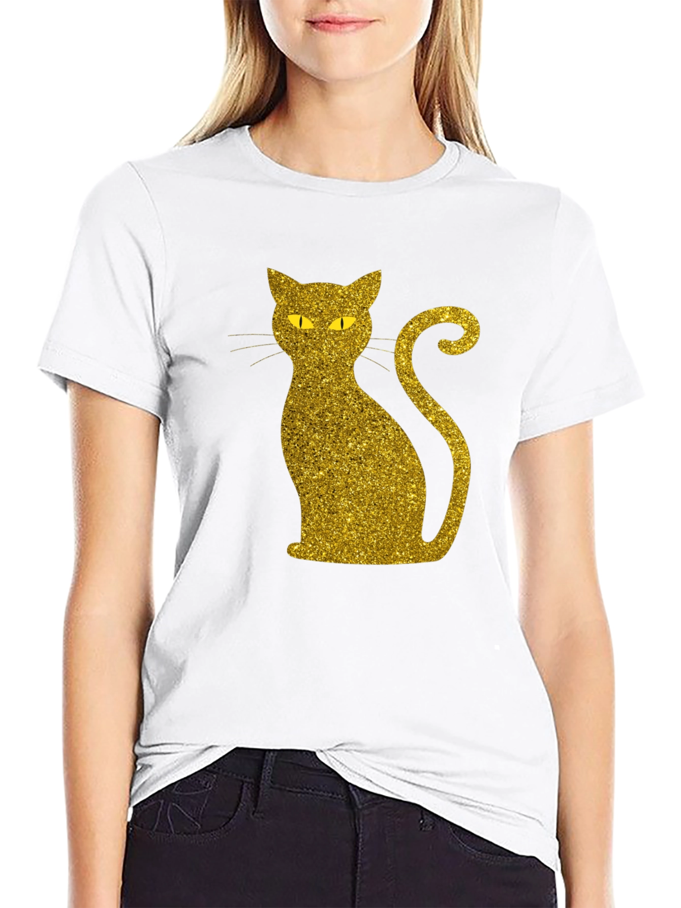 Glitter Gold Cat Graphic T-Shirt