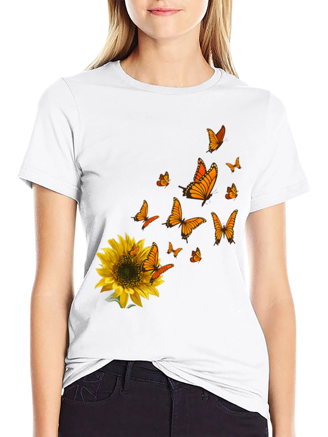Sunflower & Butterfly Graphic Black T-Shirt