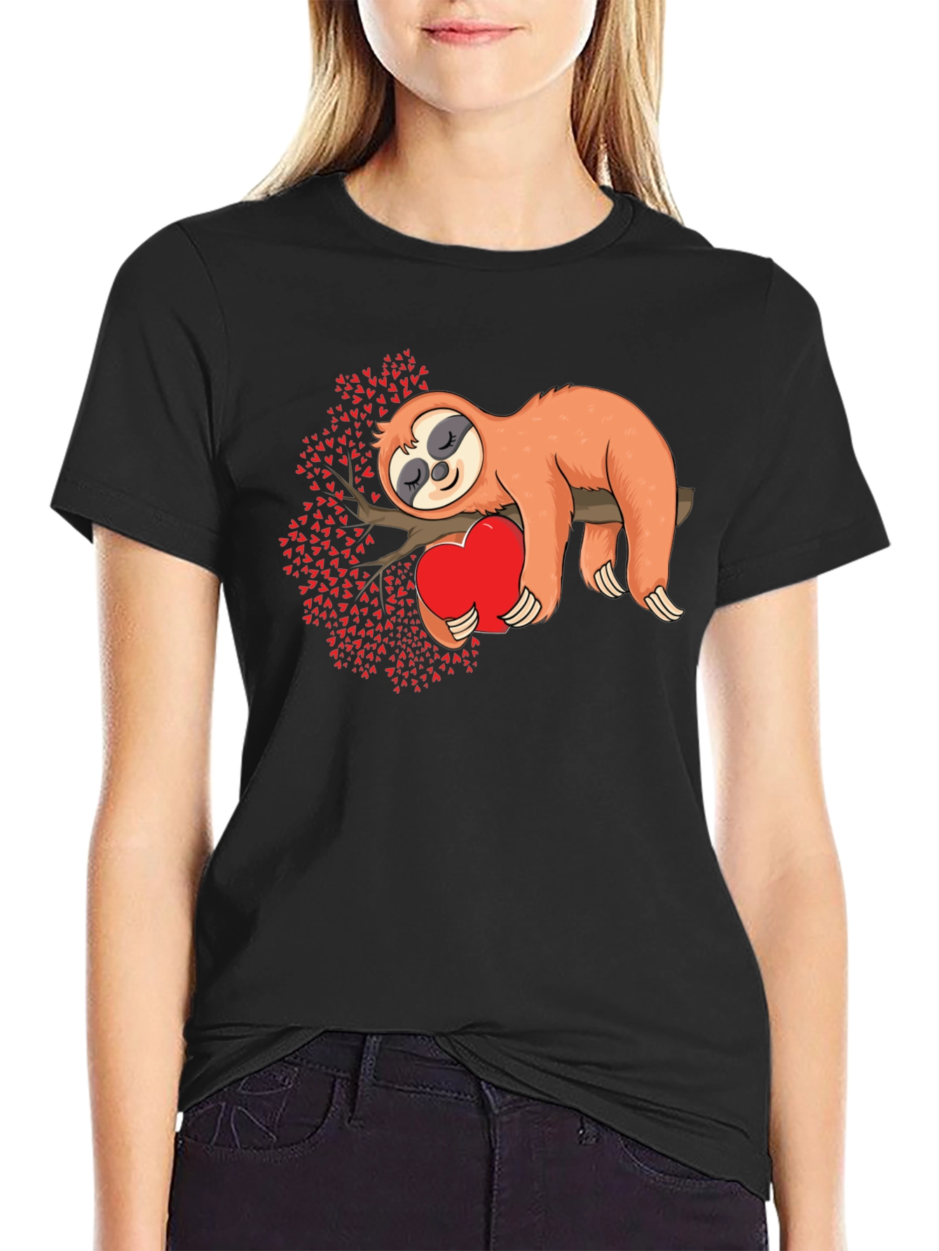 Sloth Hug Heart Valentines Tee - Mens Black T-Shirt