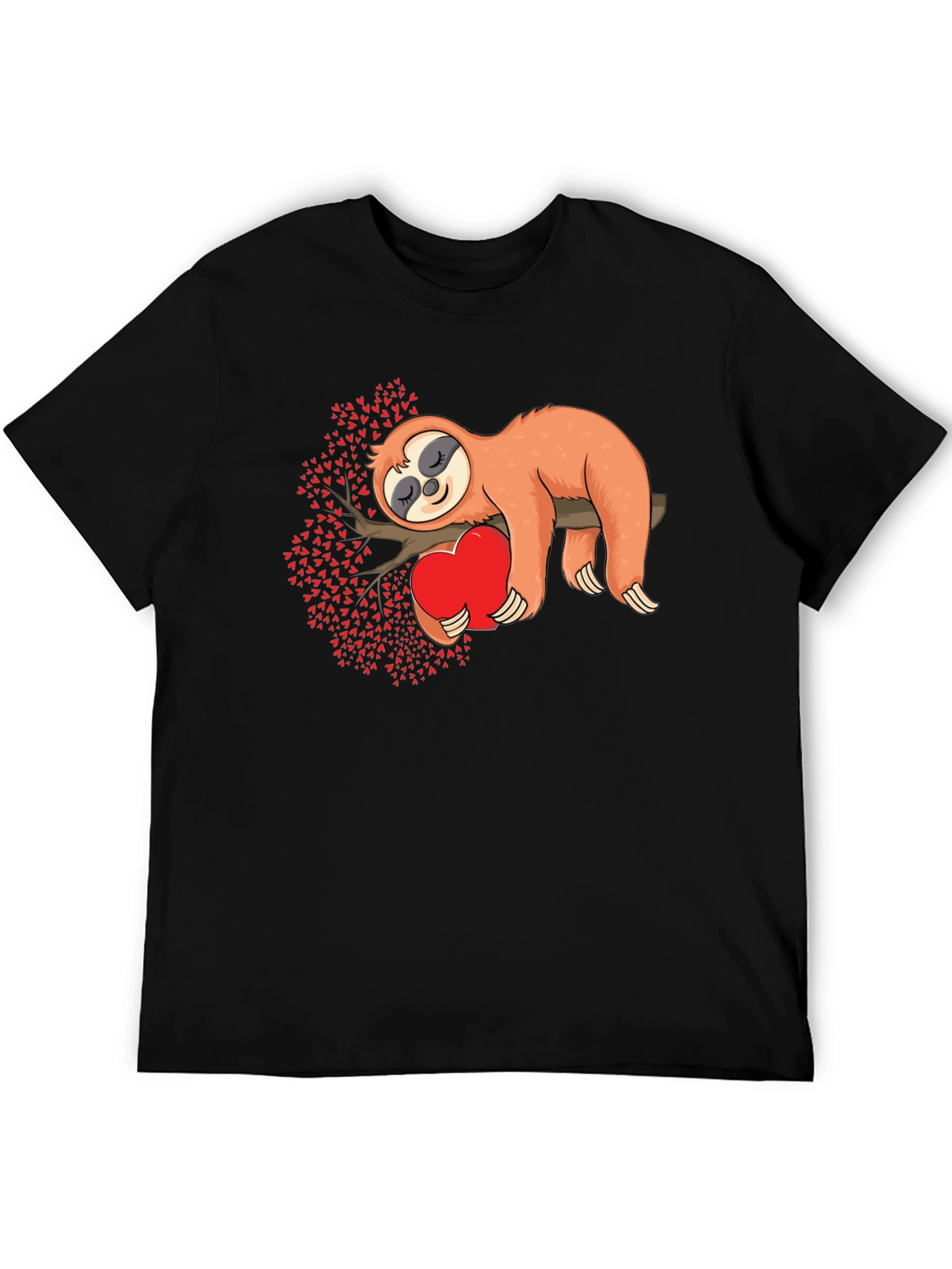 Sloth Hug Heart Valentines Tee - Mens Black T-Shirt