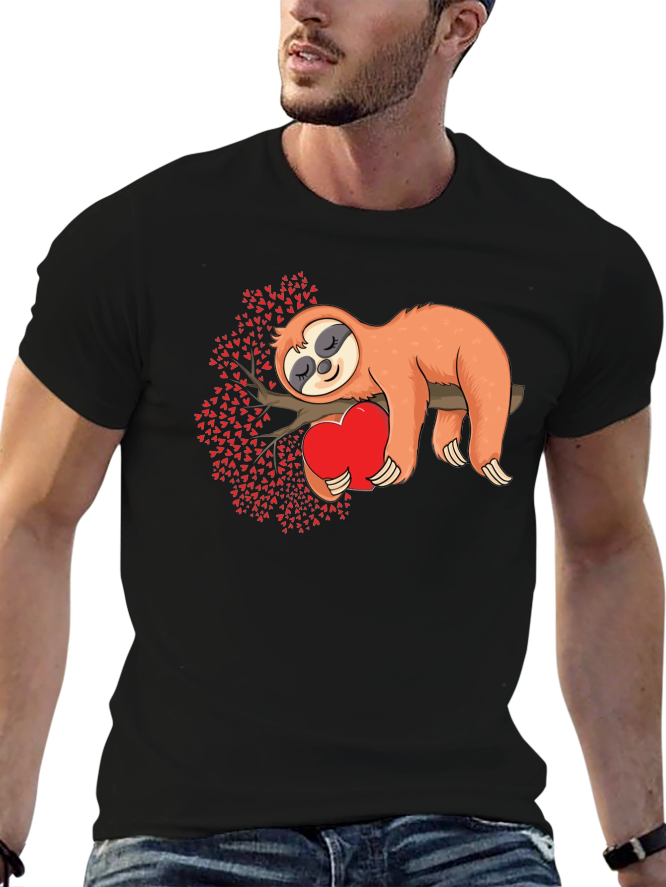 Sloth Hug Heart Valentines Tee - Mens Black T-Shirt