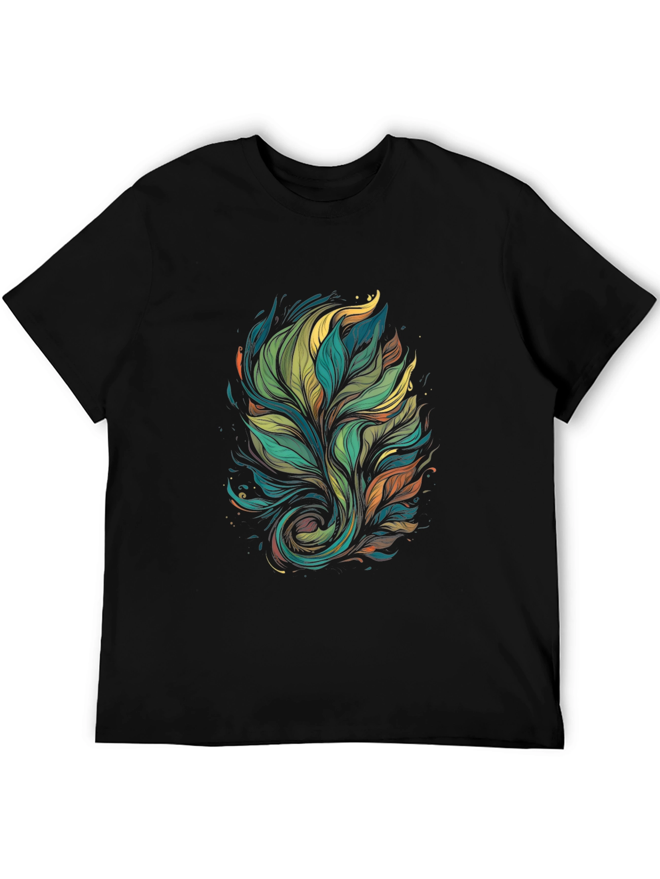 Mens Black T-Shirt with Abstract Leaf Design