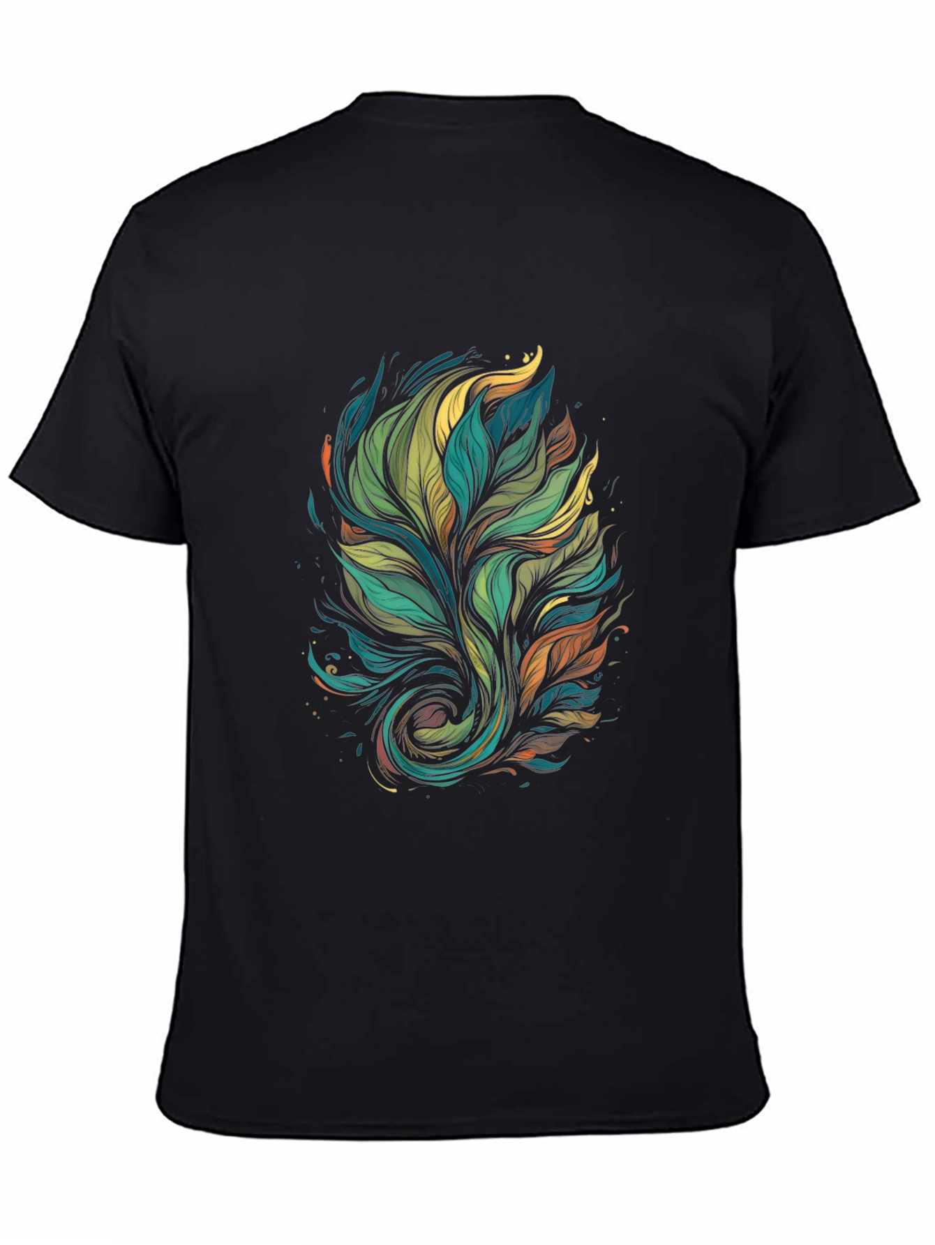Mens Black T-Shirt with Abstract Leaf Design