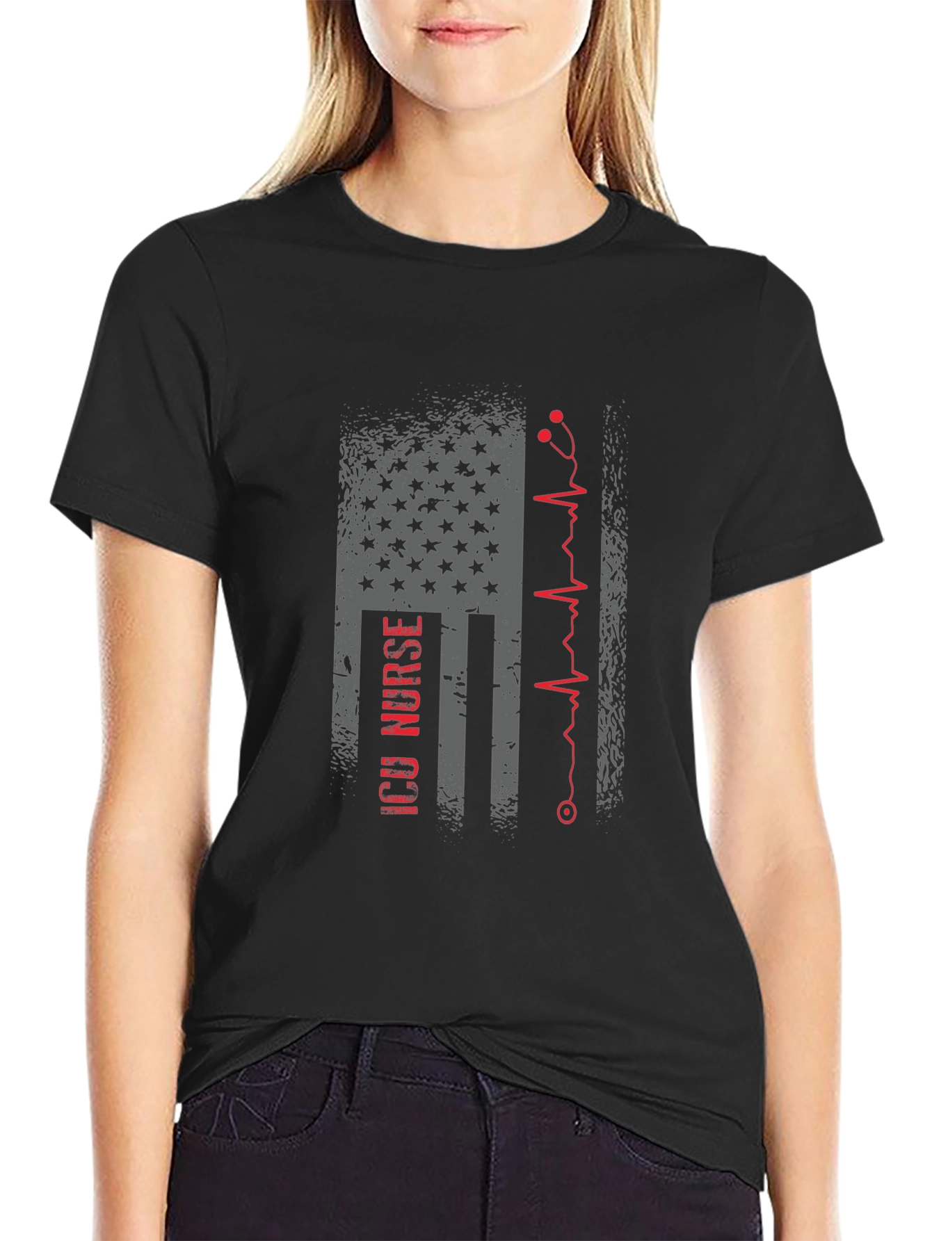 ICU Nurse American Flag Stethoscope T-Shirt