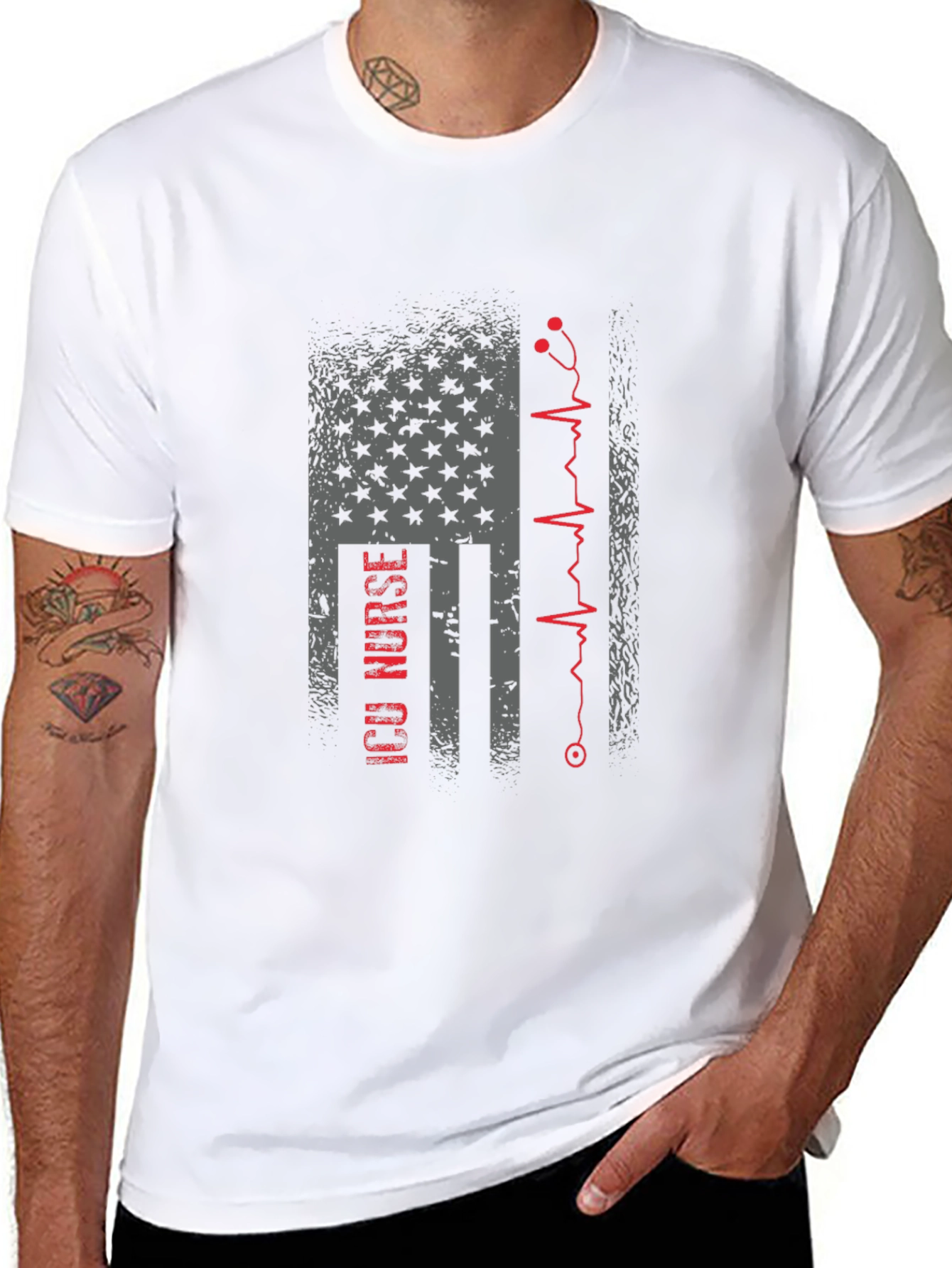 ICU Nurse American Flag Stethoscope T-Shirt