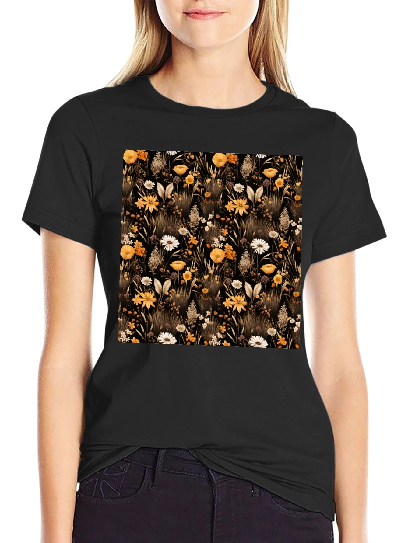 Floral Pattern Black T-Shirt