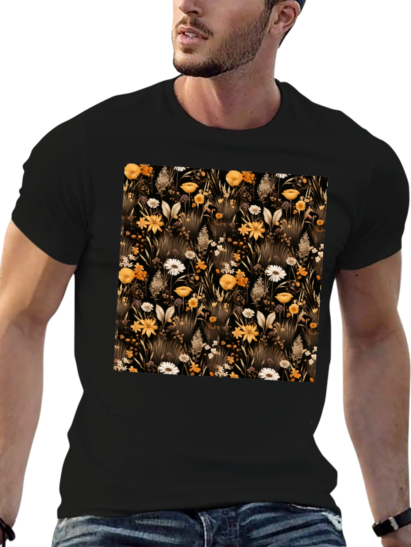 Floral Pattern Black T-Shirt