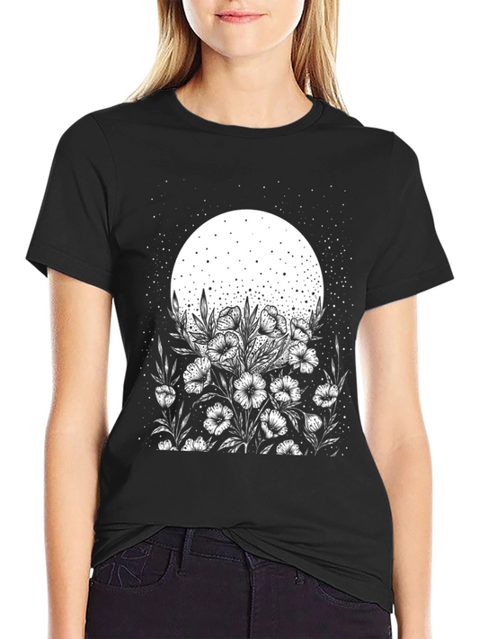 Moonlit Blooms Graphic Tee - Stylish Black Cotton T-Shirt