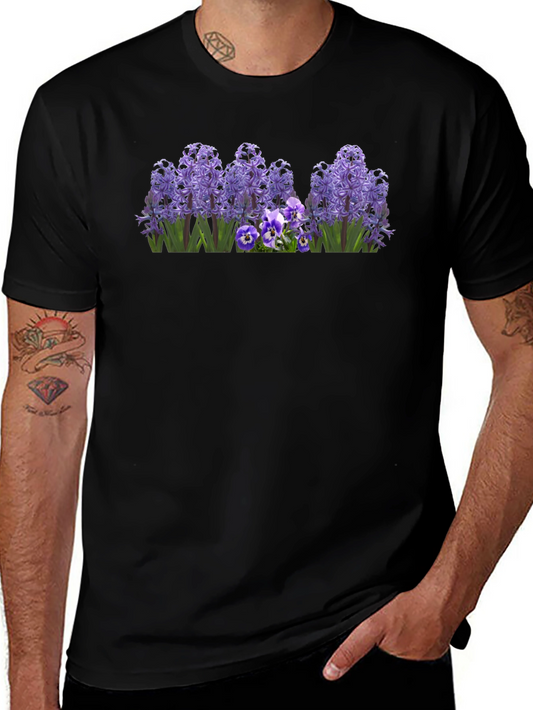 Floral Hyacinth & Pansy Print Black T-Shirt
