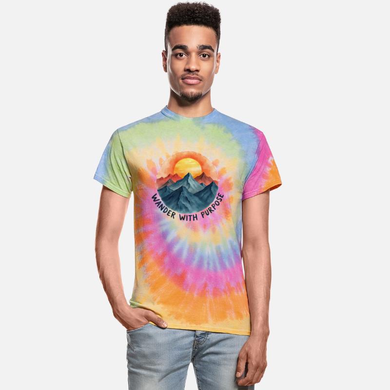 A mandala sun rising behind layered mountains