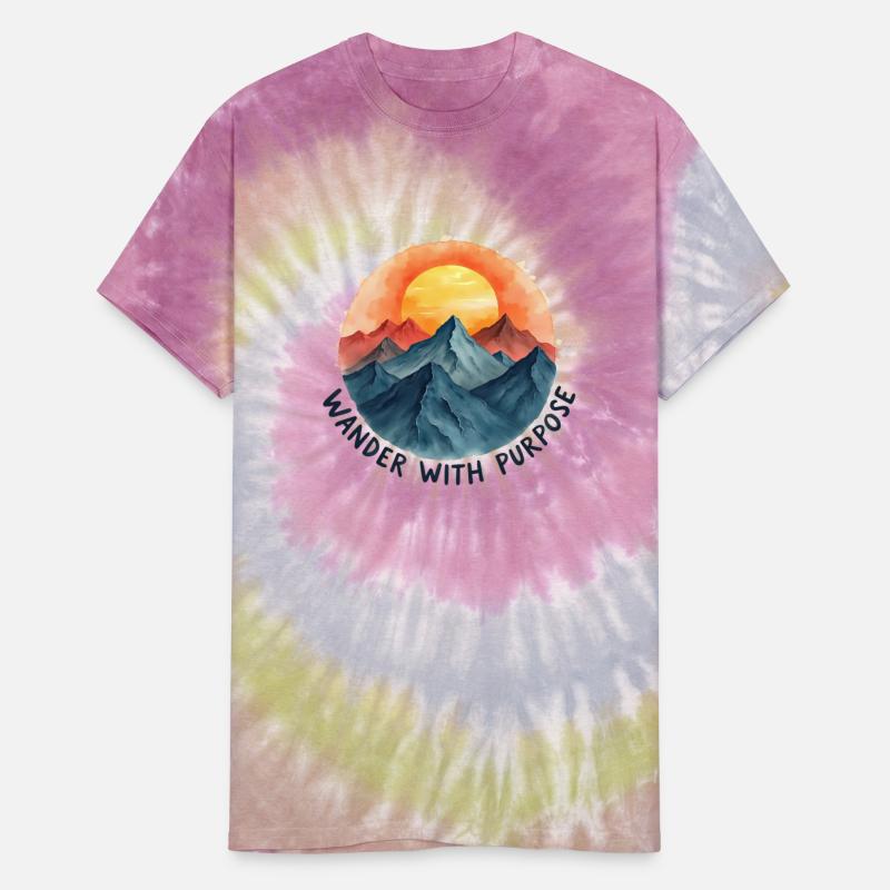 A mandala sun rising behind layered mountains