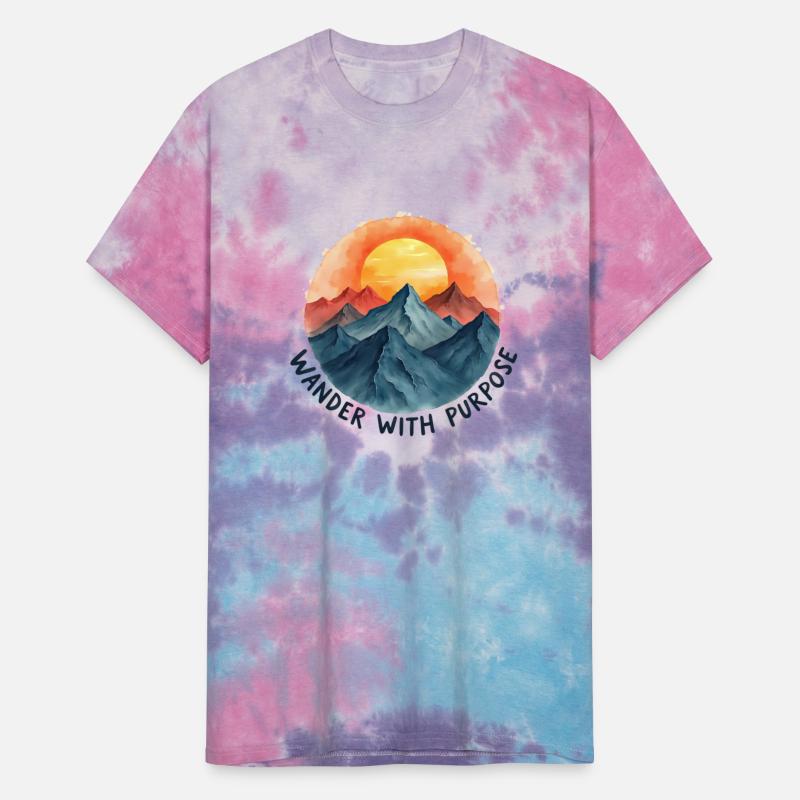 A mandala sun rising behind layered mountains