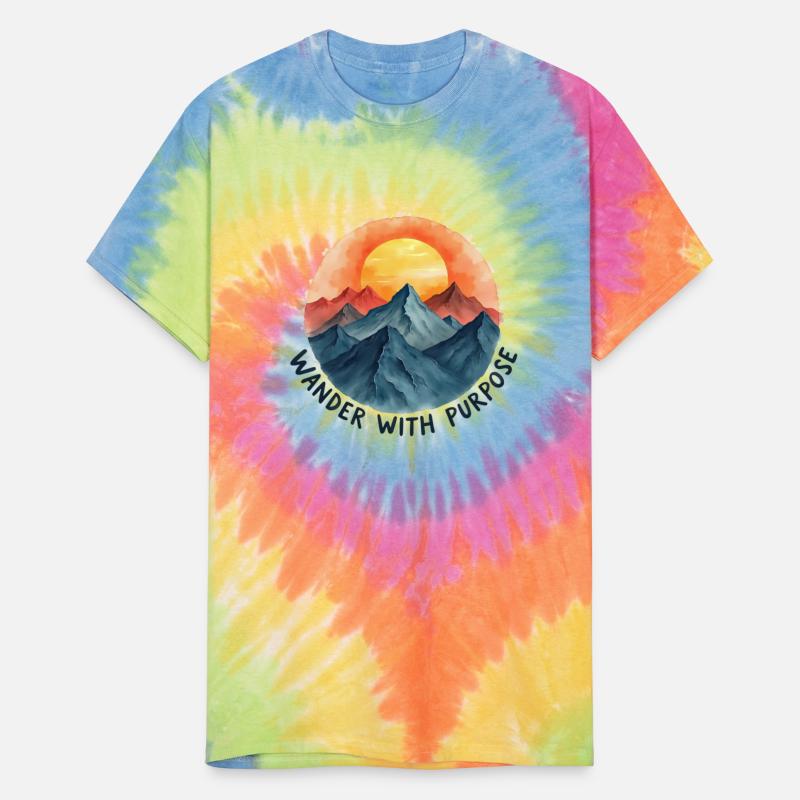 A mandala sun rising behind layered mountains