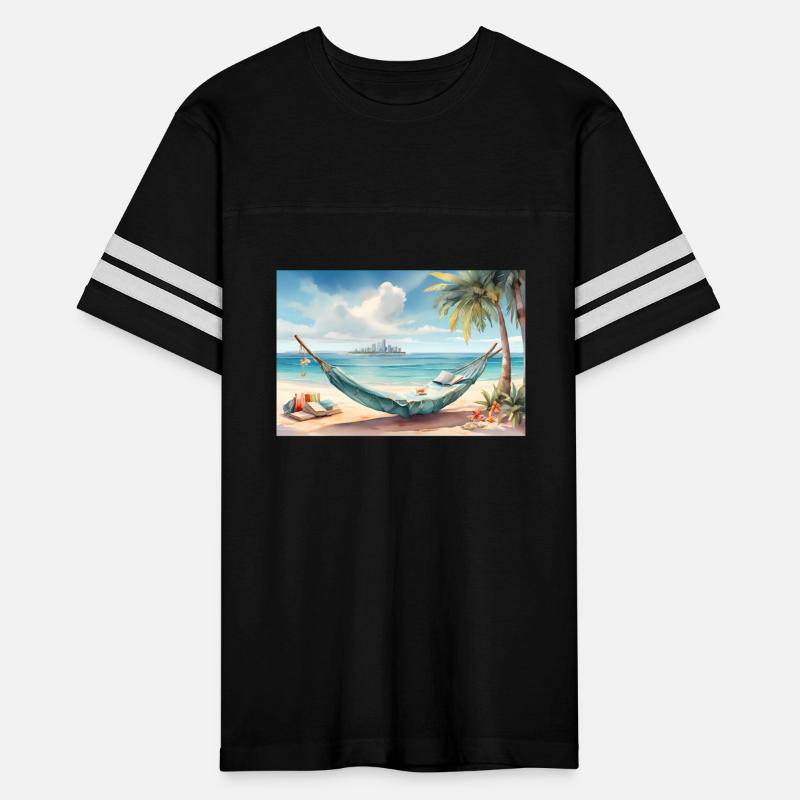A tropical beach with a hammock in watercolor