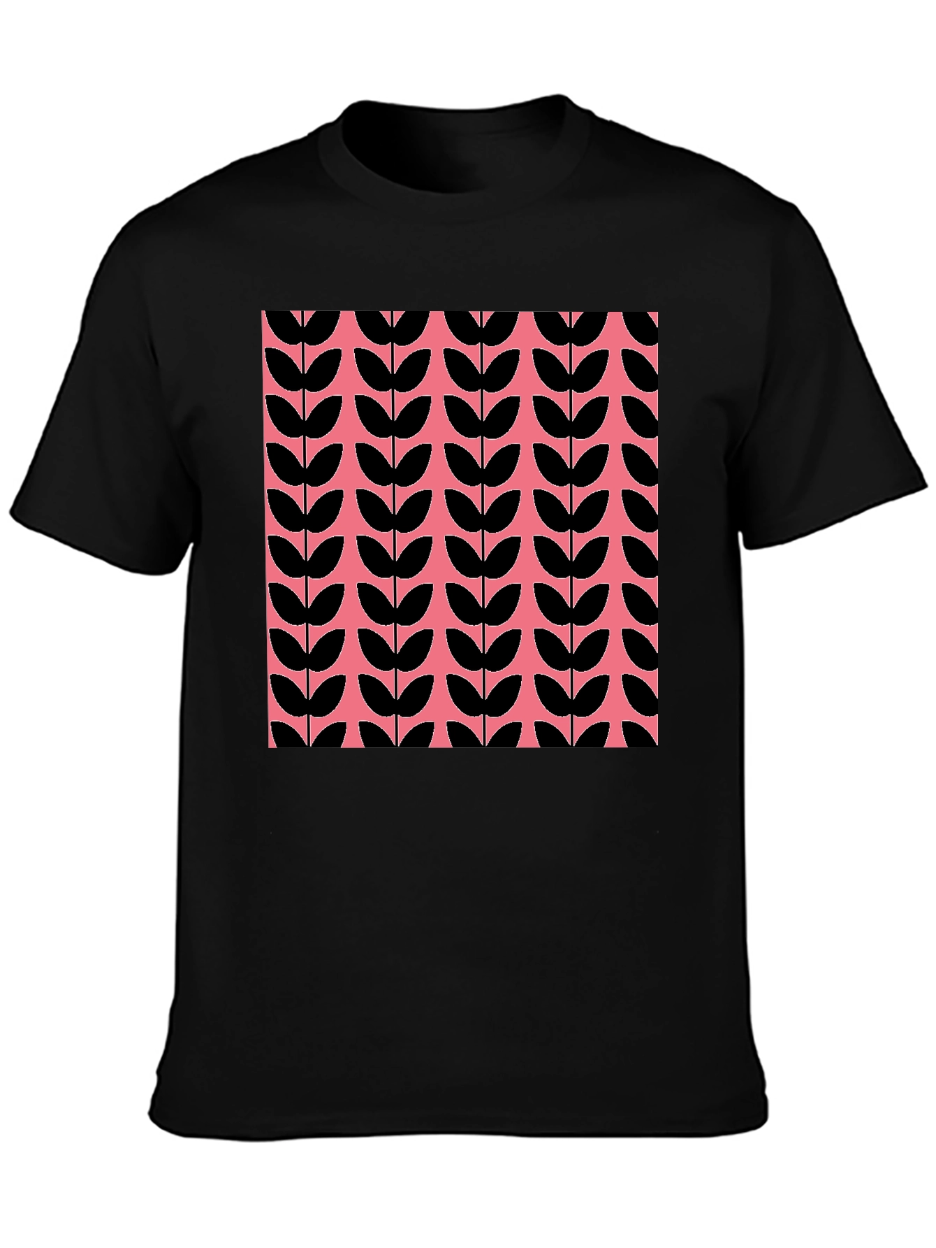 Retro Leaf Pattern T-Shirt - Black and Pink