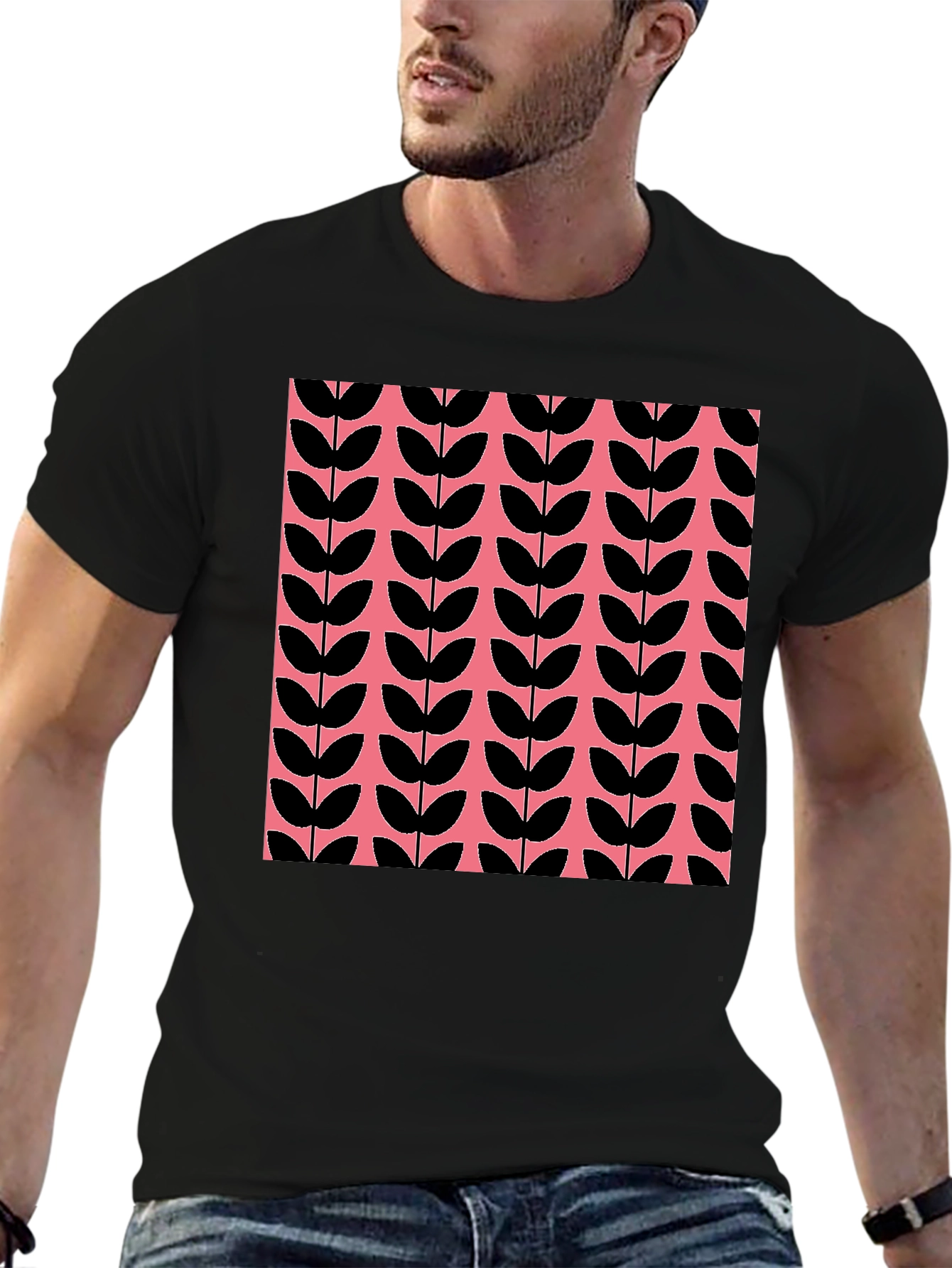 Retro Leaf Pattern T-Shirt - Black and Pink