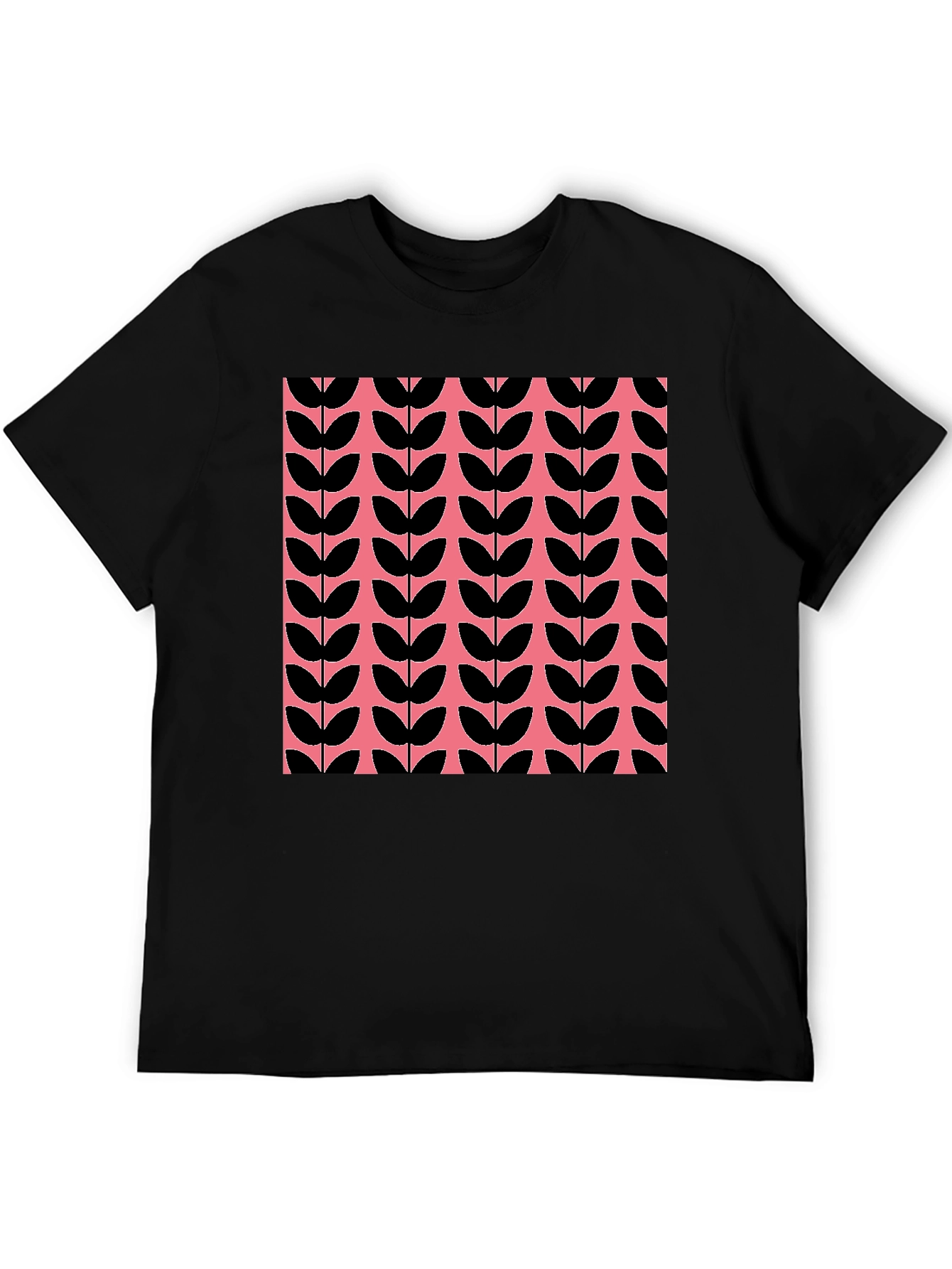 Retro Leaf Pattern T-Shirt - Black and Pink