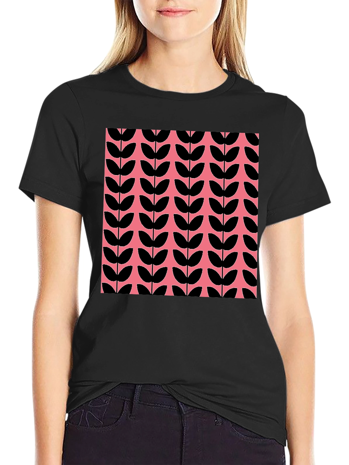 Retro Leaf Pattern T-Shirt - Black and Pink